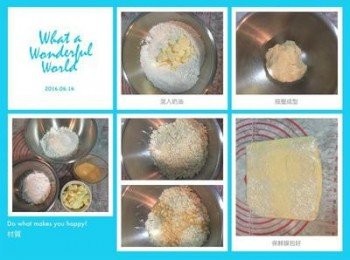 step1: 低粉+糖粉+鹽混勻。加入切小塊的奶油,用粉包住奶油後捏扁捏碎,ㄧ種乾粉包住奶油的概念。捏勻後倒入全蛋液混勻後用按壓的方式讓奶油麵粉成團,取一大張保鮮膜墊在工作檯上,將麵團倒在保鮮膜上包起來後手壓或輕桿成正方型,放入冷藏5-10分鐘後拿出來。
