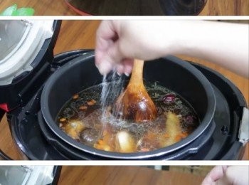 step5: 待微電腦壓力萬用鍋洩壓後再開蓋鎖，
加入紹興酒和枸杞子增加風味，然後以少許鹽<span class="group_2">調味</span>即完成