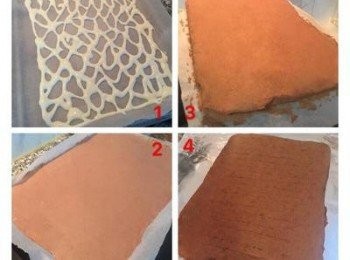 step5: 1.夾鍊袋剪去一小角,在鋪了烘焙紙的烤盤上擠出自己喜歡的花紋,入烤箱170度烤1分鐘.2.取出後將蛋糕糊倒入鋪了烘焙紙的烤盤上抹平，敲模。入烤箱170度烤10分鐘，取出轉頭再烤10分鐘(顏色才會均勻喔)。3.烤好後取出，模具在桌上敲一下後就馬上連紙帶蛋糕的提起放架子上,並趁熱將邊圍四週烘焙紙往下拉.