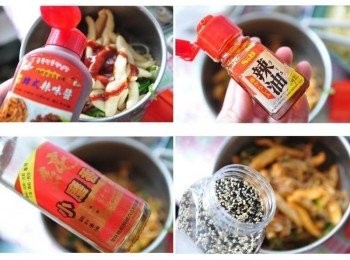 step2: 將豆芽與甜不辣放入拌鍋中，陸續加入韓式辣味醬、辣油、香油、黑白芝麻