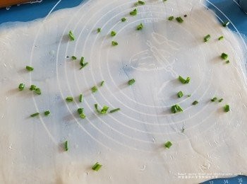 step2: 之後取出將它放平用滾棒碌至其最薄、 猶如紙巾般的薄透度 之後掃上 一層油，薄薄的灑上蔥花