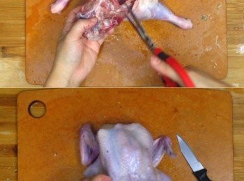 step2: <span class="group_1">春雞</span>洗淨後，先拆去雞腔背骨，
之後再將雞皮慢慢與雞腔分離
將牛油醃料塗抹在雞腔內和雞皮夾層，靜置半小時備用