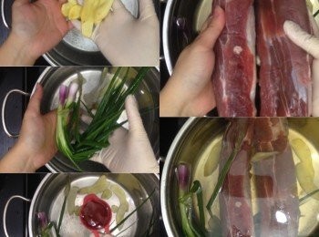 step1: 牛展(腱)解凍洗淨
蔥洗淨去根部，薑去皮切片
冷水加入蔥、薑、料酒和牛展(腱)，加蓋大火煮沸，再轉小火煮15分鐘