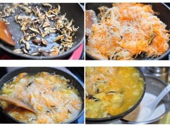 step5: 接著熱鍋爆香香菇絲，再放入紅/白蘿蔔絲拌炒，另外想再夠味些可加入白胡椒粉提味，接著加入5杯冷水(800g)煮滾即可關火，再倒入步驟4的<span class="group_2">粉餬</span>中拌勻