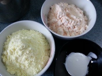 step2: 再將b奶黃餡材料:吉士粉50g,奶粉60g,椰奶7g拌勻(B部份用7g椰奶,可以用椰粉1湯匙代替)拌好後與A奶黃餡一起拌勻