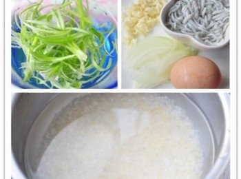 step1: 備料:青蔥刨絲、吻仔魚(泡少許米酒可去腥)、蒜末、洋蔥、雞蛋等~用白米及小米以煮稀飯的方式放入電鍋熬煮