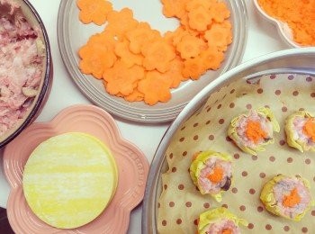 step1: 半肥瘦豬肉攪碎，加入蝦粒，調味用鹽麴，大地魚粉，少許麻油，均勻後打至起膠，放入雪櫃冷卻最少一小時。冷卻後的餡料較硬身，容易控制。