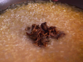 step10: 約15分鐘後加入浸泡牛肝菌的水及高湯，時間視乎意大利米的種類