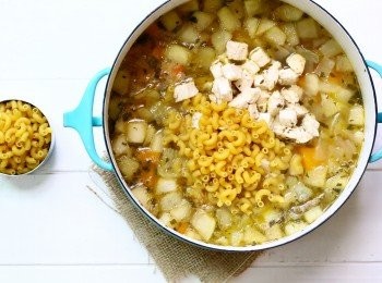 step4: 加入雞肉絲與通心粉，開蓋繼續煮7~8分鐘，以鹽及胡椒調味，即可趁熱享用（※ 記得取出月桂葉）