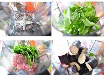 step2: OSTER有四爪旋轉尖刀，搭配強力的轉速，任何<span class="group_1">食材</span>都可以輕鬆絞碎 先放入洗淨的9層塔，再放入絞肉、最後放切成一段段的茄子