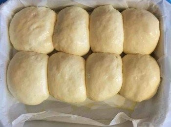 step2: 分成八等份，分別排氣滾圓，休息20分鐘。麵團排氣，桿平外薄內厚。包入叉燒，收口按實，輕微滾圓。發酵至兩倍大，塗上蛋漿，用預熱了180度的焗爐焗18分鐘即可。