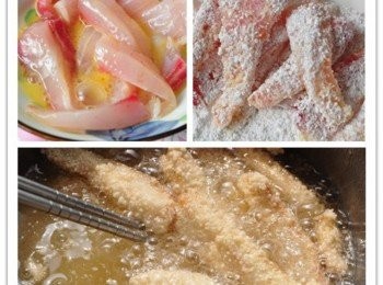 step1: 先將雕魚片切成細長條狀，再以<span class="group_2">醃料</span>醃漬約5分鐘，爾後沾裹上地瓜粉，放入油鍋炸至金煌及可撈起備用