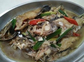 step4: 再放入少許水、醬油，大約煮個20-30分鐘看玳瑁石斑【澎湖野生水產】有沒有熟，