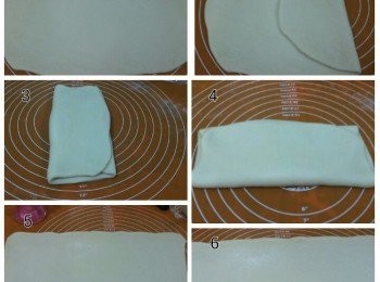 step4: 先把麵糰擀成長方形。往內摺三摺後轉九十度再擀成長方形。噴少許水後從底部往上捲起成條狀，最後分割所需份量放在烘培紙上。