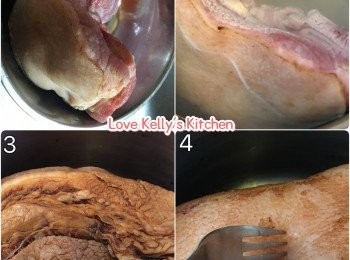 step2: 五花腩洗乾淨，水滾後放入水中飛水30分鐘，取出後用廚房紙吸乾水份；