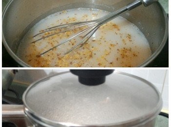 step2: 把已沖洗的桂花、砂糖和蒟蒻粉加入步驟⑴內拌勻。加熱煮沸後關火並蓋上蓋子焗15分鐘。