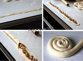 step4: 取一個小麵糰搓成長條狀，擀平
放進餡料後慢慢將餡料包進麵皮裡
頭尾兩端以及捏合處都要捏緊
以免裡面的餡料跑出來了。