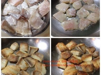 step6: 每片平均沾滿麵粉（將多餘的粉抖掉），靜置一旁使之反潮（油煎時外皮較不易掉落）