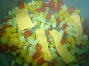 step4: 加入鹽、雜錦香草及芝士片，與蔬菜粒同炒至芝士溶化即可。