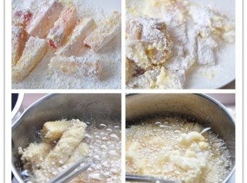 step3: 再準備適量油品加熱，並分別沾裹均勻的地瓜粉下鍋炸至金黃撈起瀝油