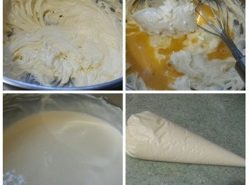 step5: 將砂糖分次加入，把忌廉芝士打至軟滑忌廉狀後加入Mascarpone芝士、蛋液、檸檬汁和淡忌廉拌勻後，放入擠花袋內冷藏約20分鐘。