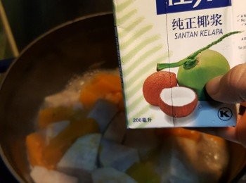 step2: 加入水煮至滾，小火煮15分鐘，加入椰漿和鹽，
輕手炒勻即成