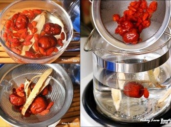 step2: 黃耆及枸杞先用熱開水稍微沖洗浸泡後，使用濾網瀝乾水份備用。
紅棗的部份也要先用熱水沖洗瀝乾水份後，先以剪刀在果肉上剪出幾個小洞