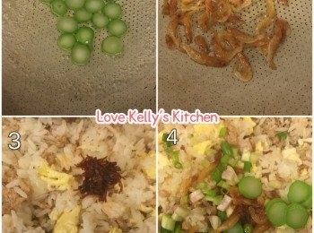 step3: 再次落油熱油鑊落飯去炒，然後分別將肉碎、蛋碎、XO醬、櫻花蝦、菜莖及蔥花兜均就上碟，再放上XO醬及櫻花蝦在炒飯面便完成