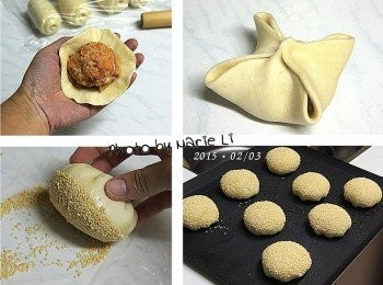 step10: 表面裝飾：

蛋液、芝麻：        適量

將《蘿蔔絲肉末內餡》放在餅皮中心
包起來把麵皮邊緣抓好，收口捏緊即可

為做好的酥餅表面刷上一層蛋液
抓著餅底，將表面沾上大量的芝麻
然後均勻地擺放在烤盤上
就可送進已事先預熱好的烤箱中了‧‧‧