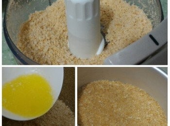 step1: 用食物處理器把瑪莉餅打碎或放入保鮮袋用擀麵棍壓碎後加入牛油溶液拌勻，再平均鋪在蛋糕模底及壓實。放進雪櫃冷藏約半小時。