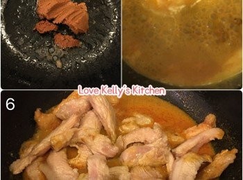 step3: 將黃咖哩醬放入鑊內爆香，然後加水和椰漿煮至滾起，將豬頸肉回鑊然後蓋上蓋煮8分鐘，將配料亦都回鑊，一齊煮至熟透便可以上碟