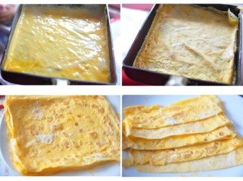 step2: 先將蛋液打散後，放入平底鍋均勻的香煎，再倒扣於盤中再翻面入鍋煎即可，取出蛋皮切片狀