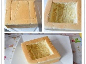 step9: 另將吐司盒，以刀子將四邊往內縮約1.5cm劃四刀，再以湯匙挖起成為一個四方洞