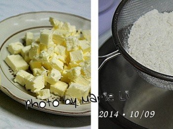 step4: 製作《派皮麵糰》：

奶油切成小塊狀送進冰箱冷藏
等要用的時候再拿出來以免退涼軟化。

中筋麵粉和鹽一起過篩進工作鋼盆中‧‧‧