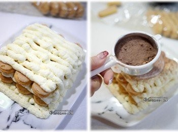 step3: 依自己喜歡的造型，一層提拉 一層手指餅乾，最後撒上可可粉即可