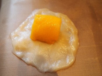 step5: 將小粉糰搓成圓球再壓扁至餃子皮般大小，放一塊芒果粒在中間，沿邊捏緊糯米皮，輕輕搓成雞蛋形，再沾上椰絲或熟糯米粉即可