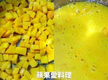 step3: 取出一容器（蘋果姊姊是用電鍋內鍋），放入「芒果小丁」，倒入「芒果牛奶」，用湯匙稍微攪拌均勻，「超香濃芒果汁」完成。