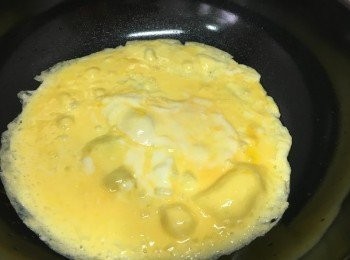 step3: 雞蛋先打撥成蛋汁加少許鹽<span class="group_2">調味</span>, 燒熱平底鑊, 中細火加少許油, 將蛋汁平均地倒入, 煎至蛋汁凝固