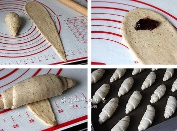 step4: 將水滴狀的麵糰擀成長條形水滴 於寬的那端放置一小匙的藍莓果醬 然後慢慢地捲起來成貝殼狀 接口捏緊，平均地擺放在烤盤上 靜置 1小時做後發。