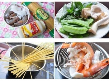 step1: 備料:義大利麵、白蝦、透抽、荷蘭豆、秀珍菇、9層塔~ 將義大利麵放入滾水(加1小匙鹽，讓麵有鹹度)煮熟、白蝦與透抽先略川燙備用