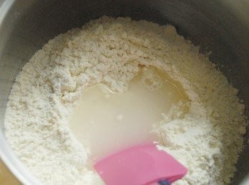 step1: 先將水及鹽拌勻，然後逐少倒入麵粉內拌勻