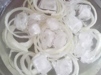 step1: 將洋蔥切成約1公分左右的厚度~撥成一圈一圈 放入冰水中冰鎮約10分鐘~洋蔥圈會變較硬喔~且可去除嗆辣味