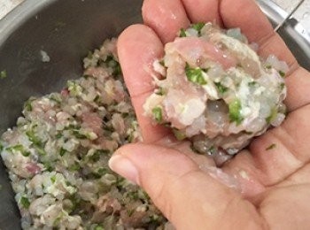 step3: 將雞肉晶米泥捏成圓球狀(高爾夫球大小)放入平底鍋乾煎。