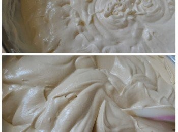 step4: 把淡忌廉與砂糖打發至七成企身，分次用fold in方法加入步驟(3)內拌勻。