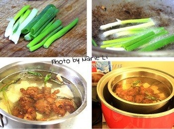 step4: 青蔥洗淨，切成數段
下熱油鍋中爆香後撈起瀝乾

山藥洗淨削皮切成大塊狀
於深鍋中加入適量的水
加進山藥、爆香的蔥段和排骨酥
放上電鍋中，外鍋加一杯量米杯的水量
關上鍋蓋，按下開關燉煮即可。
