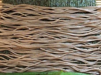 step4: 放上蕎麥麵盡量鋪平，然後放秋葵，捲起壽司席用力壓實卷成長卷，