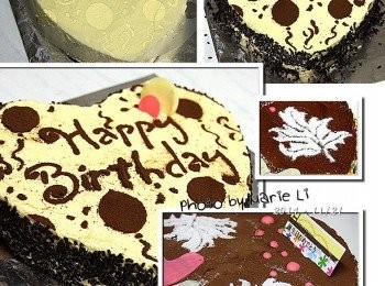 step10: 心形的蛋糕模是《不沾的分離模》
沒有鋪錫箔紙、也沒有灑粉抹油的
不過冰過凝固後的提拉米蘇
只要輕輕將底盤往上推即可脫模，非常方便~

這一個蛋糕我直接拿八吋的糖粉篩
在上頭篩出《Happy Birthday》的圖案來
並且擺上兩片巧克力做點綴
邊緣鋪上《黑巧克力米》來突顯整體的形狀
如此，也呈現出一個簡單素雅的蛋糕來~

其實，雖然這次做出來的兩個蛋糕都各有不夠完美的地方
不過說真的，我個人還滿喜歡的耶！！

結論：
使用《馬斯卡朋乳酪》做出來的《提拉米蘇》真得很道地
口感清爽不膩，沒有那麼重的乳酪味兒，