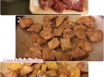 step1: 梅頭豬柳切件用<span class="group_2">醃料</span>醃30分鐘備用；