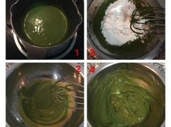 step2: 奶油、牛奶和抹茶粉加溫融化後(溫度不要太高),接著慢慢倒入已打散的蛋黃中(邊倒要邊攪拌),再加入篩過的低粉，混勻備用。