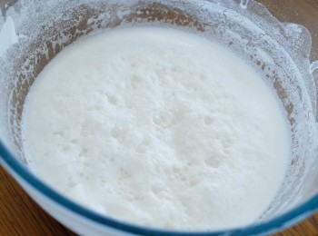 step4: 用保鮮紙封口，放在室溫發酵一至兩小時，發酵後會有很多泡沫在表面 （＊如天氣寒冷，要多發酵一至兩小時）